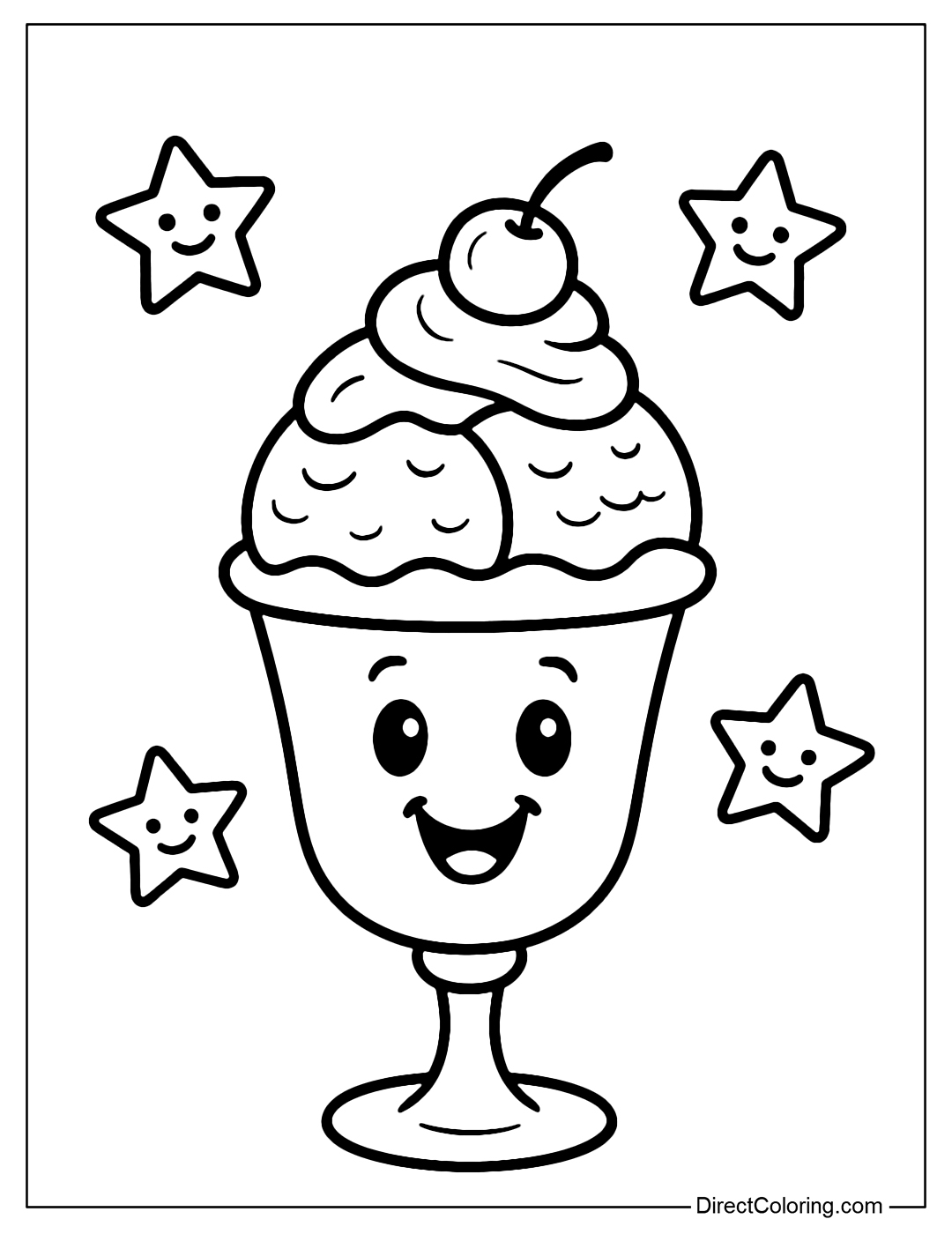 A fun ice cream cup coloring page with smiling little stars
